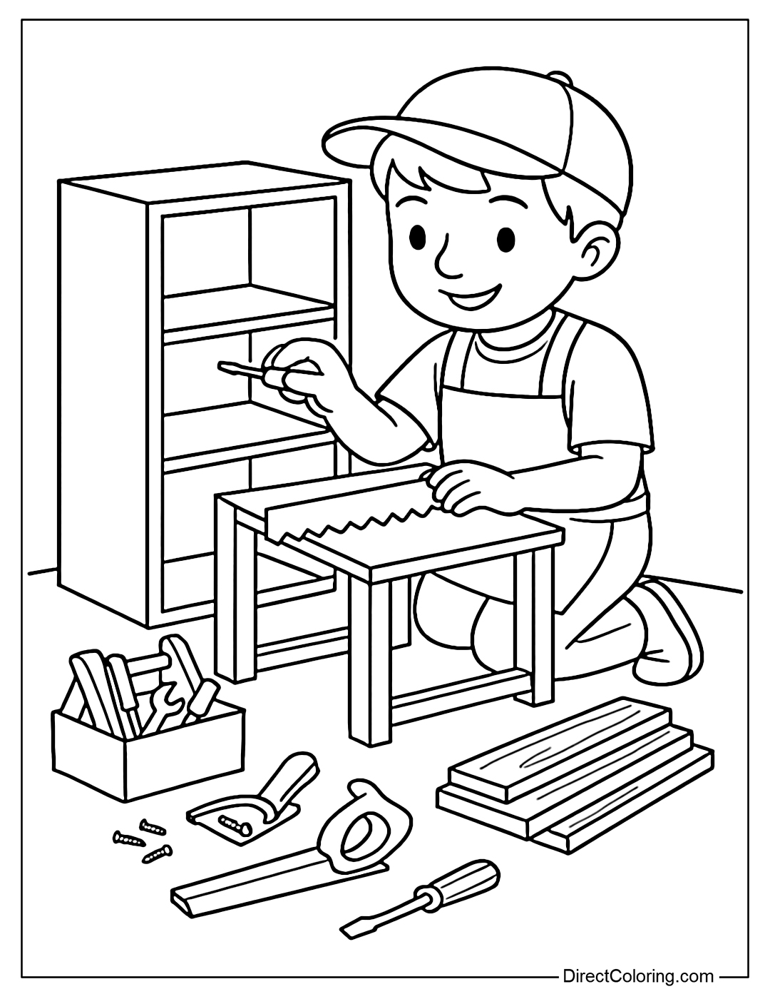 Coloring page of a young carpenter assembling a bookshelf, with planks and wood planers next to it.